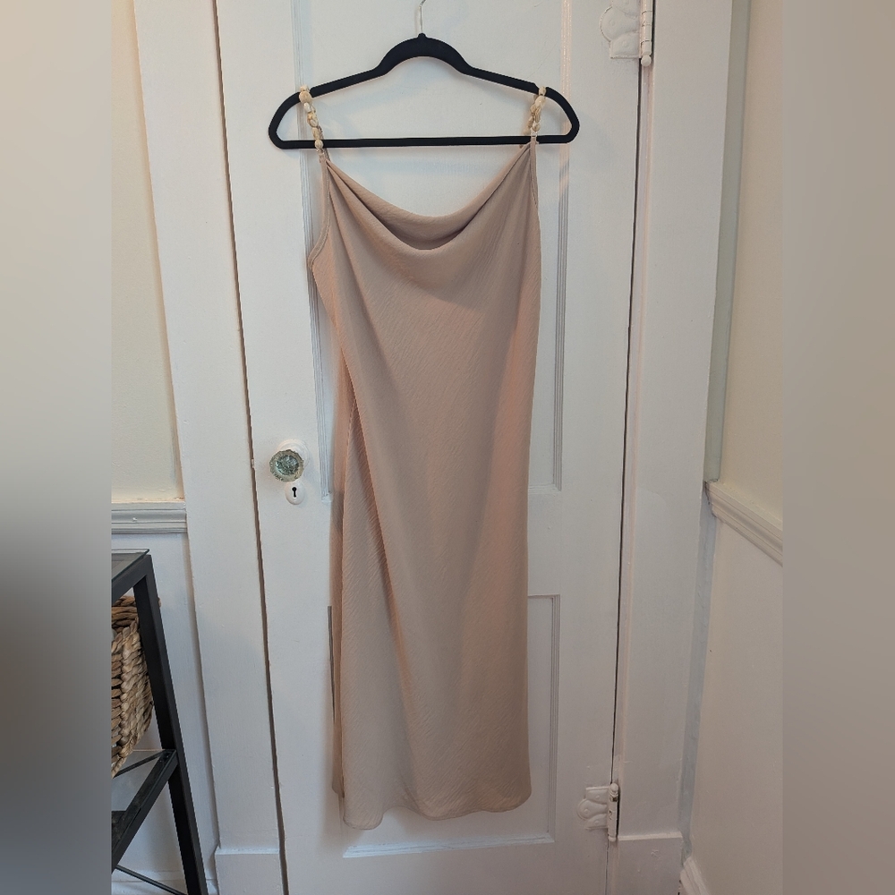 Bebe Beige Cowl Neck Midi Slip Dress with Beaded Straps - Size L